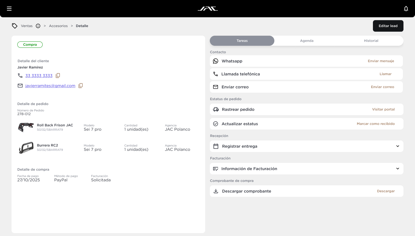 Detalle de lead en CRM